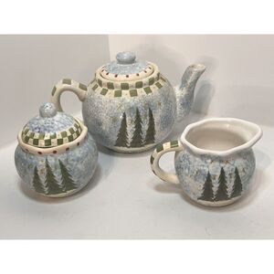 Nantucket Angie Anderson Christmas Teapot Set Farmhouse Cottagecore Cream Sugar